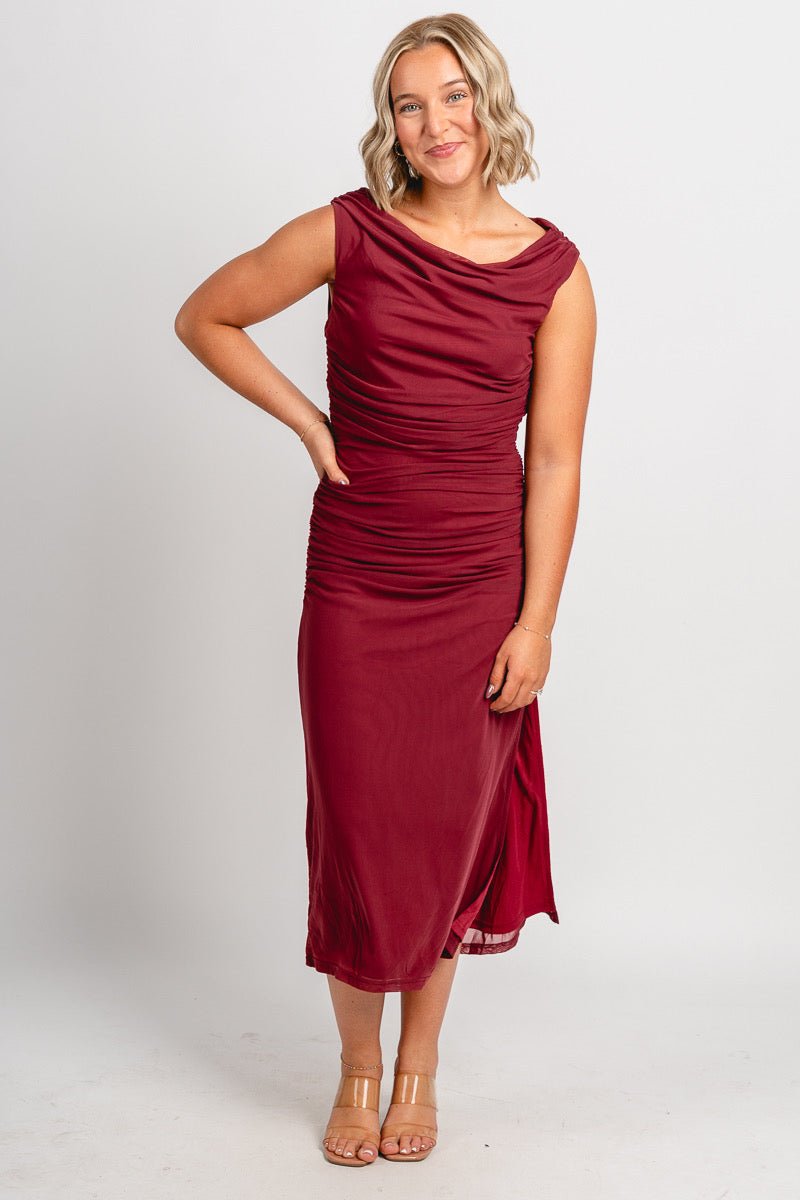 Off shoulder mesh midi dress dark rose - Affordable dress - Boutique Dresses at Lush Fashion Lounge Boutique in Oklahoma City