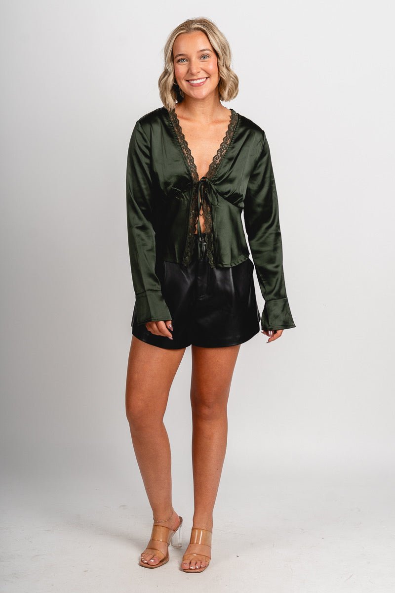 Lace trim satin tie top dark green