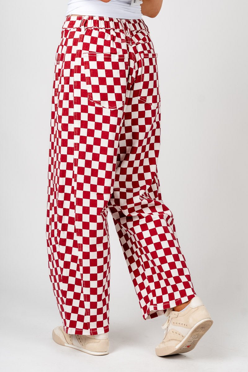 Checkered barrel jeans crimson