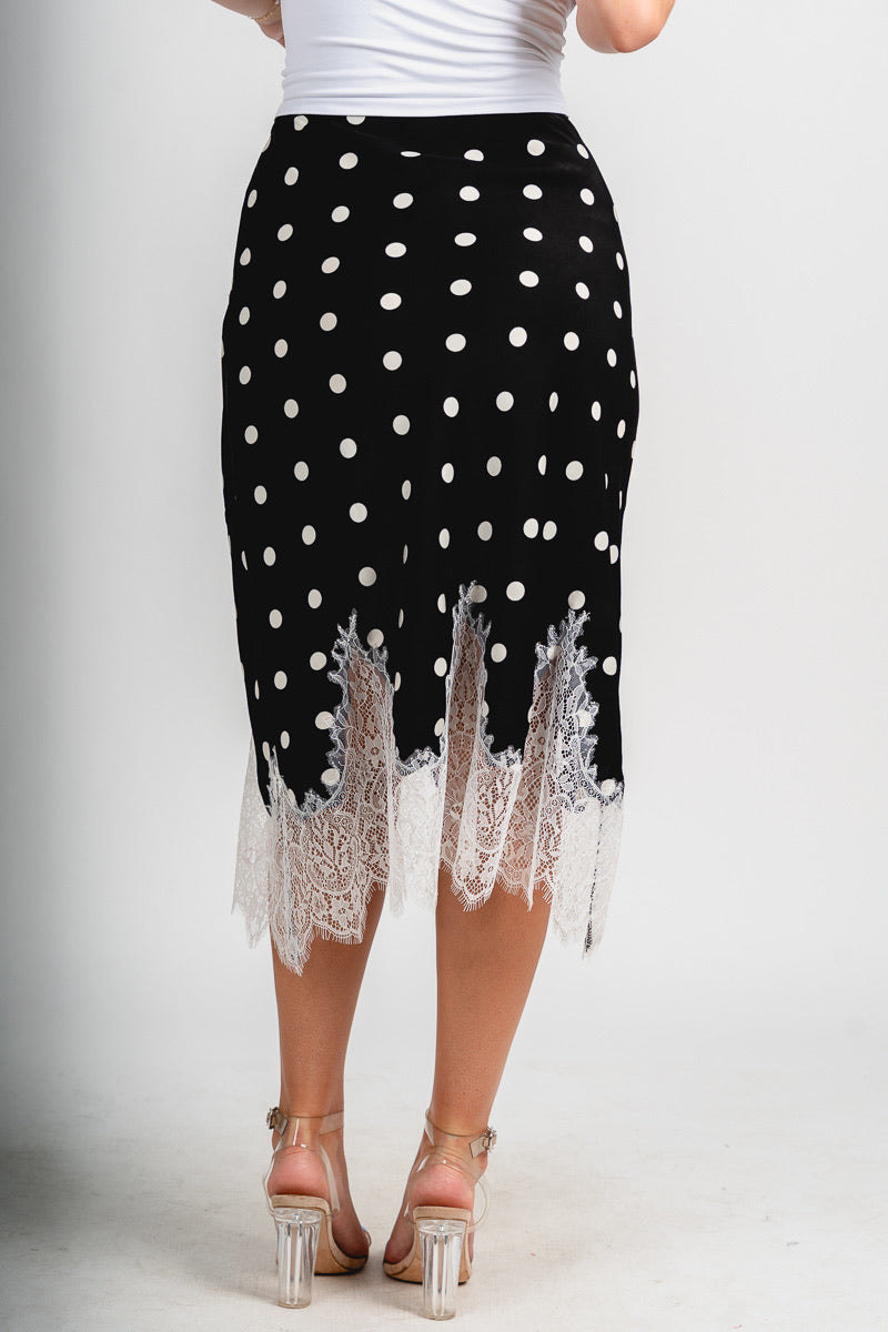 Lace trim polka dot midi skirt black/white | Lush Fashion Lounge: boutique fashion skirts, affordable boutique skirts, cute affordable skirts