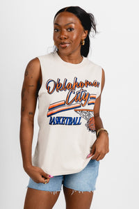 OKC basketball script swish muscle tank top bone - Trendy OKC Apparel at Lush Fashion Lounge Boutique in Oklahoma City
