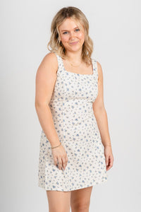 Sleeveless floral mini dress cream/blue - Affordable dress - Boutique Dresses at Lush Fashion Lounge Boutique in Oklahoma City
