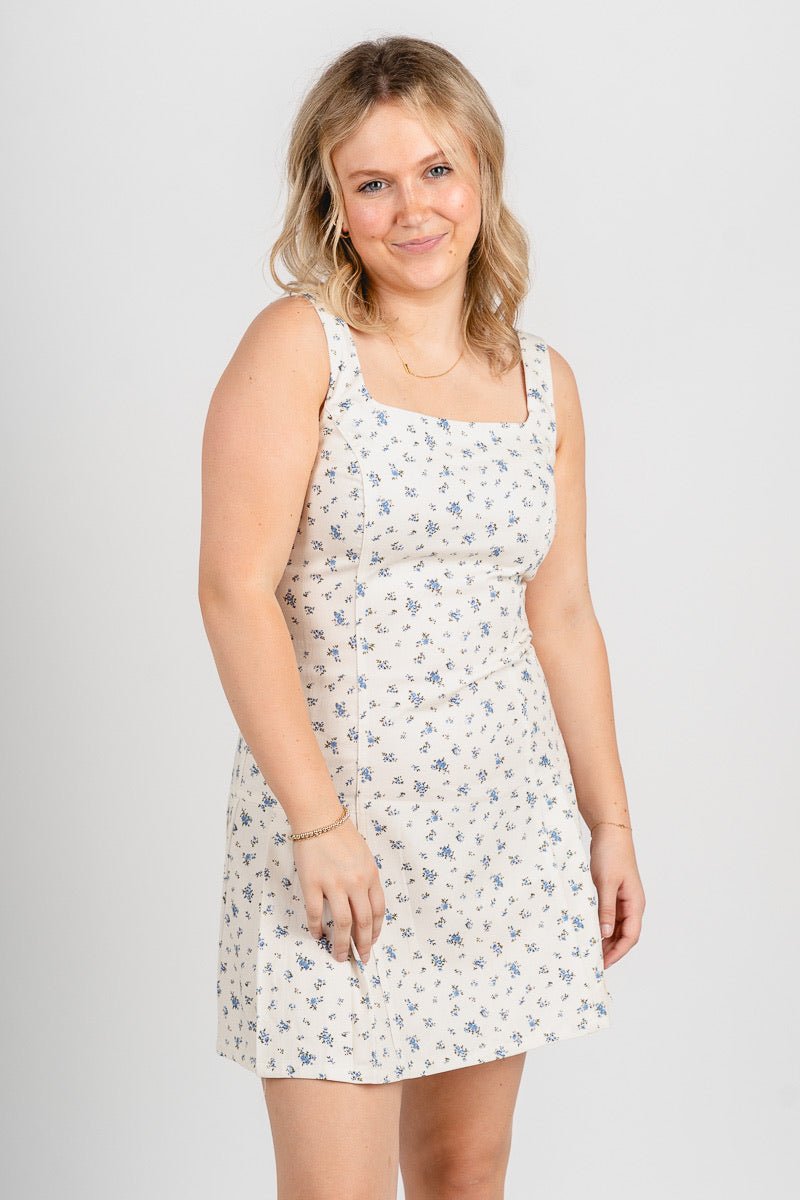 Sleeveless floral mini dress cream/blue - Affordable dress - Boutique Dresses at Lush Fashion Lounge Boutique in Oklahoma City