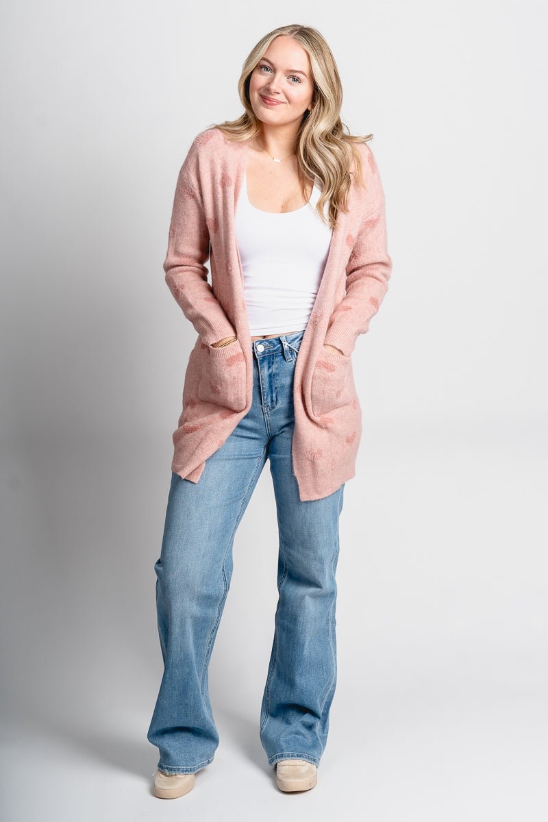 Heart print cardigan pink - Trendy Valentine's T-Shirts at Lush Fashion Lounge Boutique in Oklahoma City