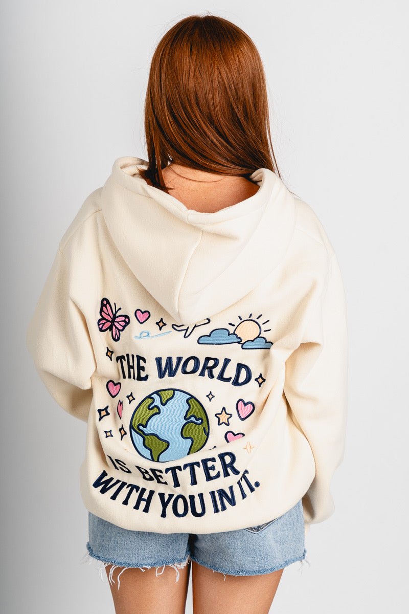 Happy Camper zip up hoodie cream - Adorable hoodie - Stylish Comfortable Outfits at Lush Fashion Lounge Boutique in OKC