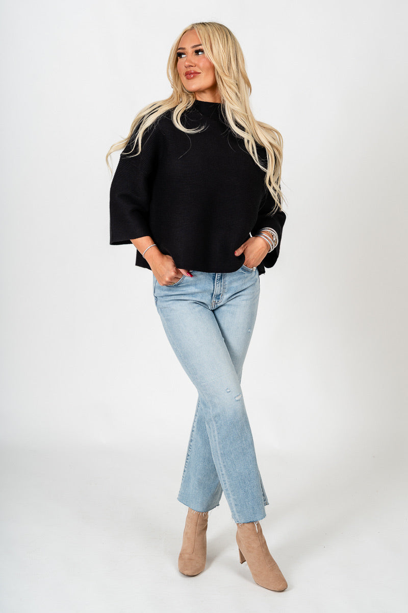 Mock neck ribbed short sleeve sweater black