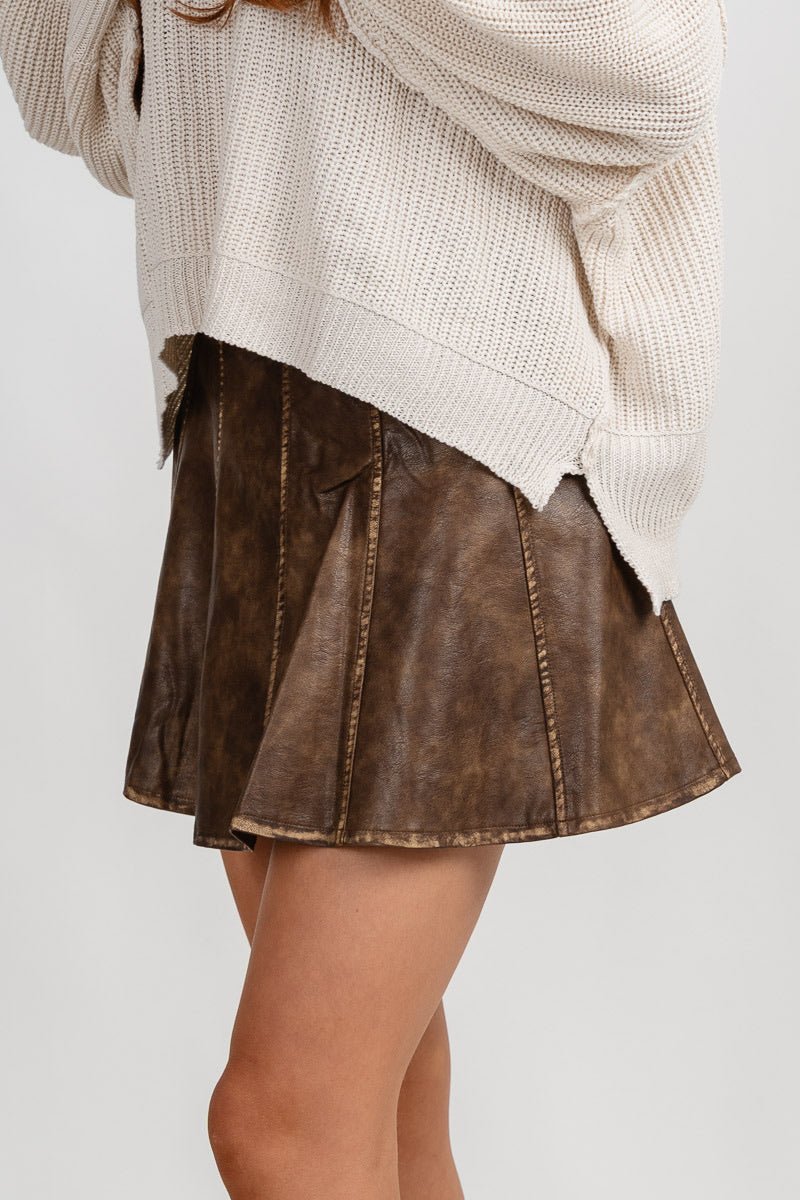 Faux leather flare mini skirt coffee