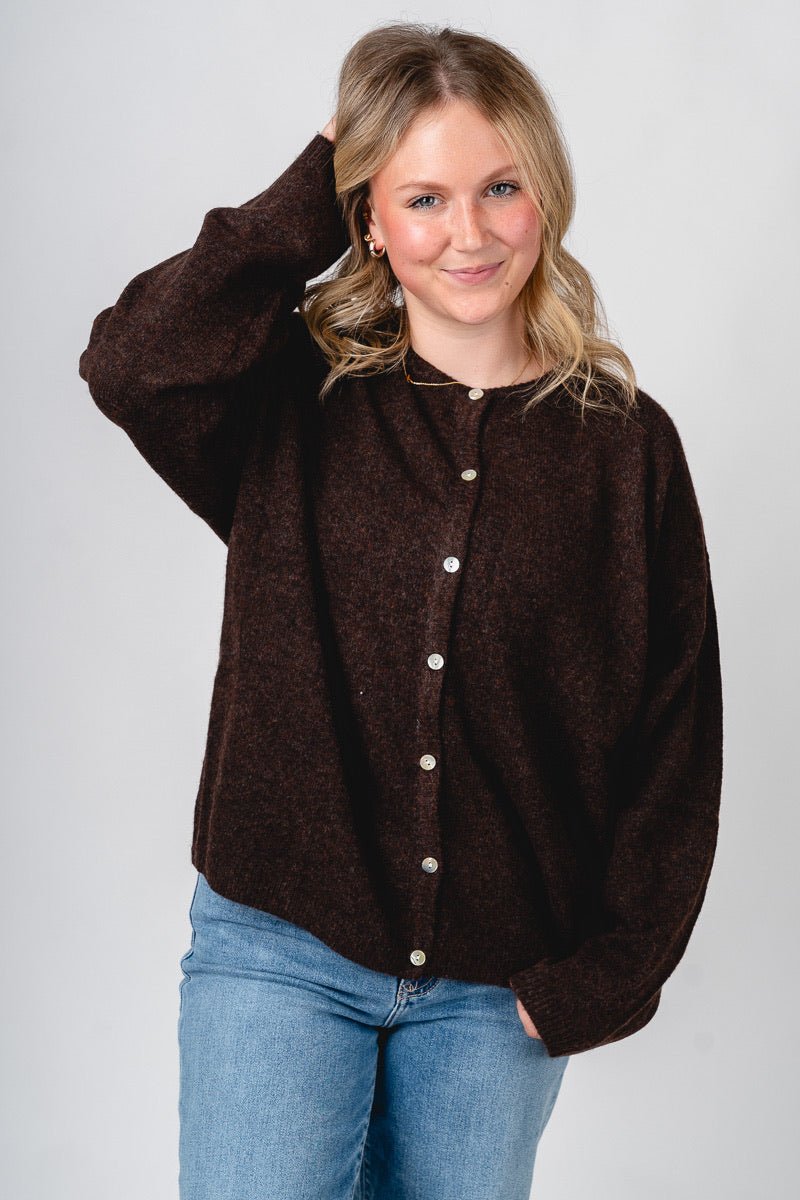 Button up sweater cardigan dark brown - Affordable Cardigan - Boutique Cardigans & Trendy Kimonos at Lush Fashion Lounge Boutique in Oklahoma City
