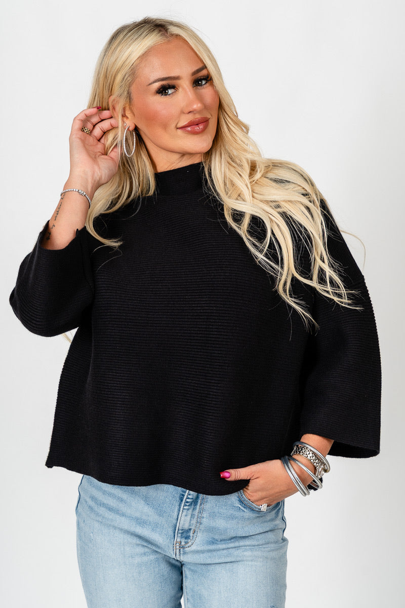 Mock neck ribbed short sleeve sweater black