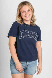 OKC block polka dot Ellie t-shirt navy - Trendy Oklahoma City Basketball T-Shirts Lush Fashion Lounge Boutique in Oklahoma City