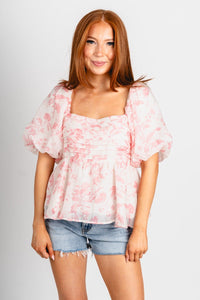 Floral puff sleeve top white/pink - Cute top - Fun Vacay Basics at Lush Fashion Lounge Boutique in Oklahoma City