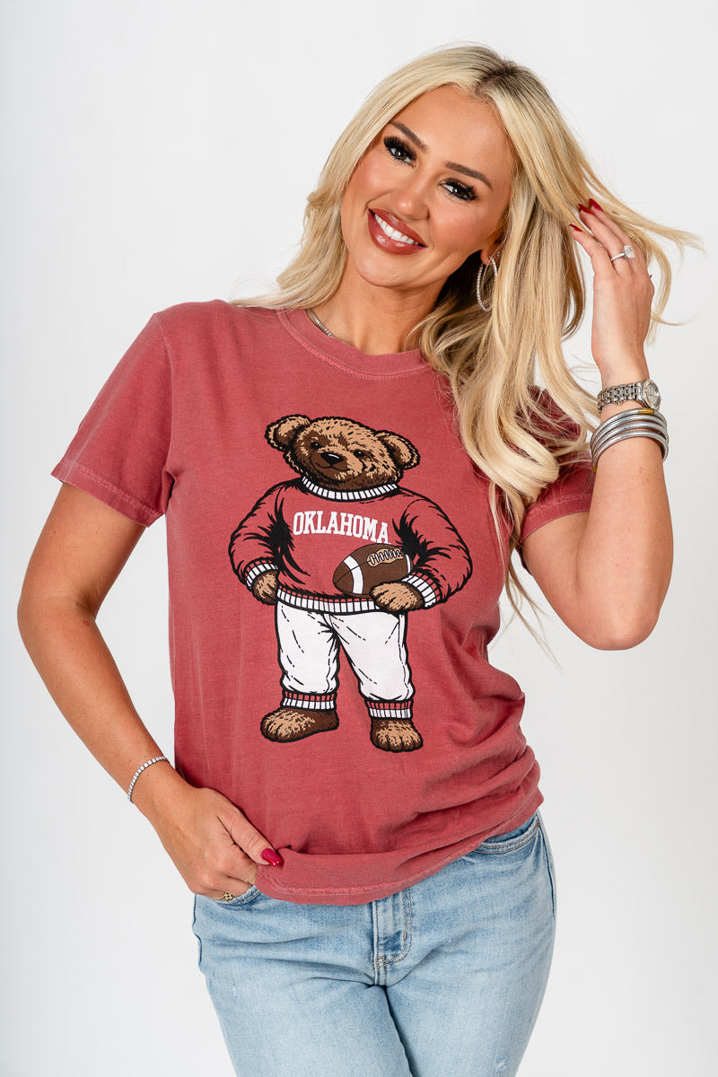 OU OU Sooners teddy bear comfort colors t-shirt crimson T-shirt | Lush Fashion Lounge Trendy Oklahoma University Sooners Apparel & Cute Gameday T-Shirts