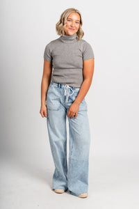 Short sleeve turtleneck sweater heather grey – Unique Sweaters | Lounging Sweaters and Womens Fashion Sweaters at Lush Fashion Lounge Boutique in Oklahoma City