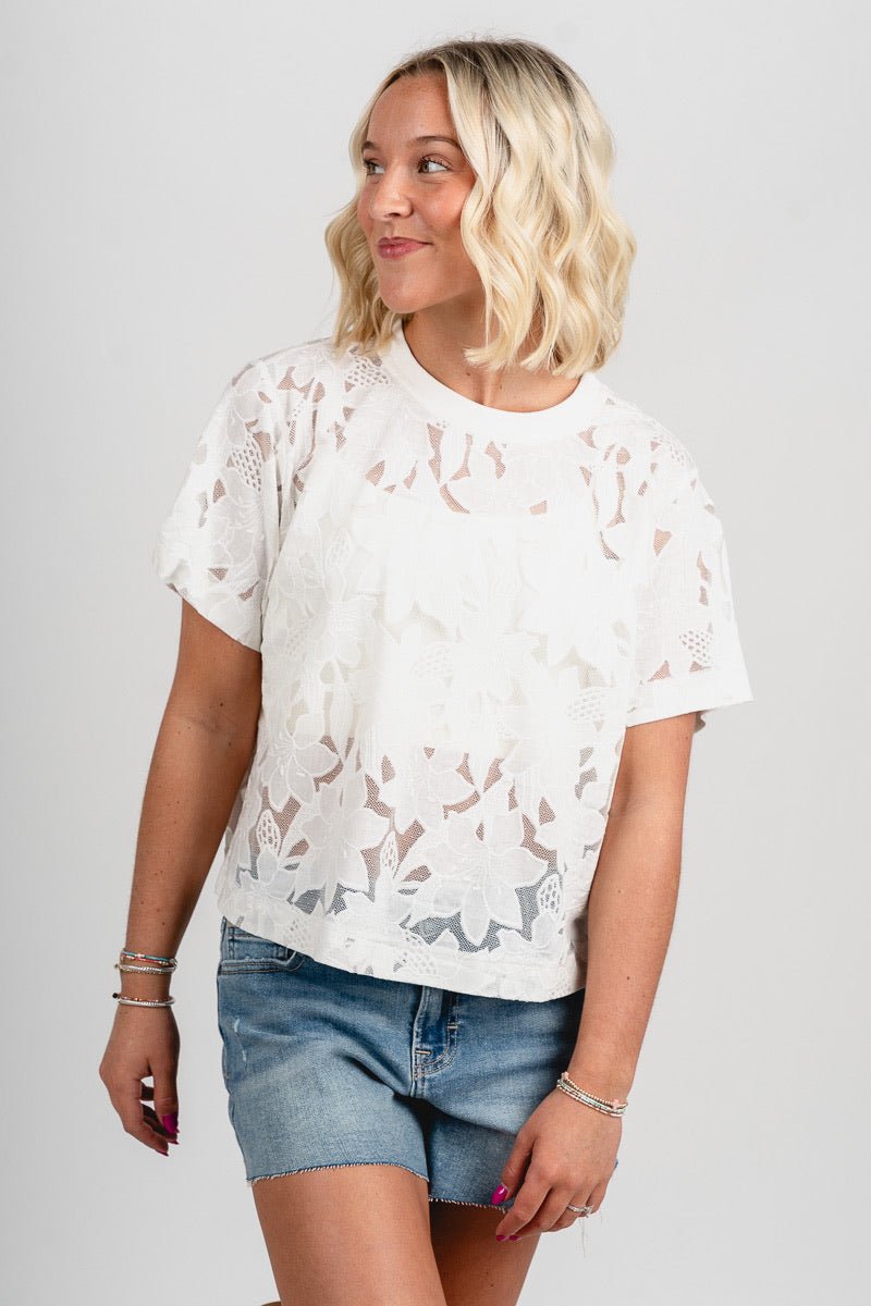 Short sleeve floral lace top off white
