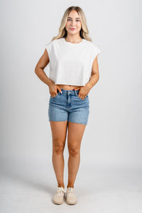 Just USA high rise walking shorts light denim - Cute shorts - Fun Vacay Basics at Lush Fashion Lounge Boutique in Oklahoma City