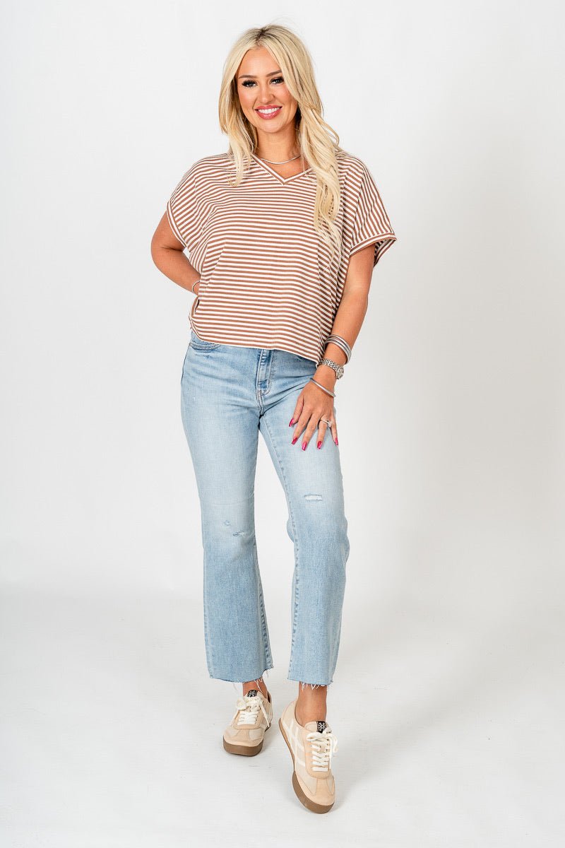 Boxy striped short sleeve top toffee/white