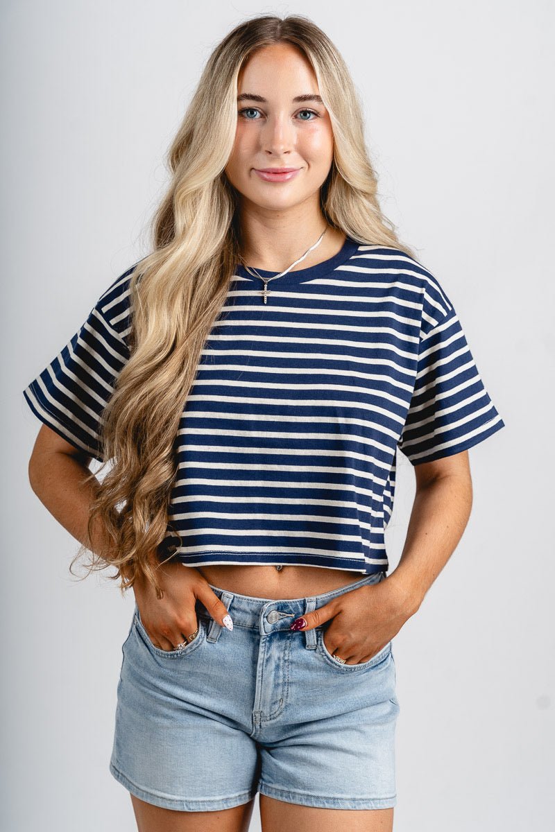 Striped cropped tee white/navy