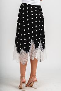 Lace trim polka dot midi skirt black/white | Lush Fashion Lounge: boutique fashion skirts, affordable boutique skirts, cute affordable skirts