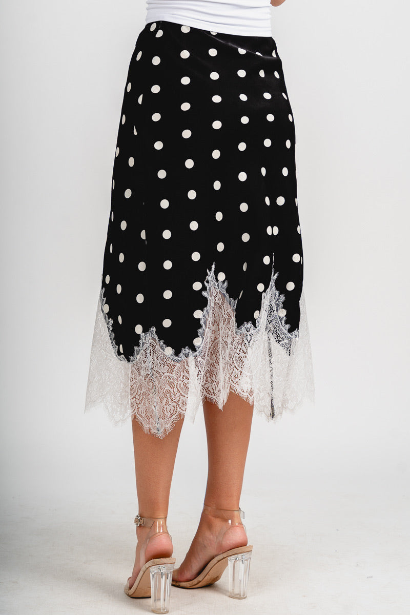 Lace trim polka dot midi skirt black/white | Lush Fashion Lounge: boutique fashion skirts, affordable boutique skirts, cute affordable skirts