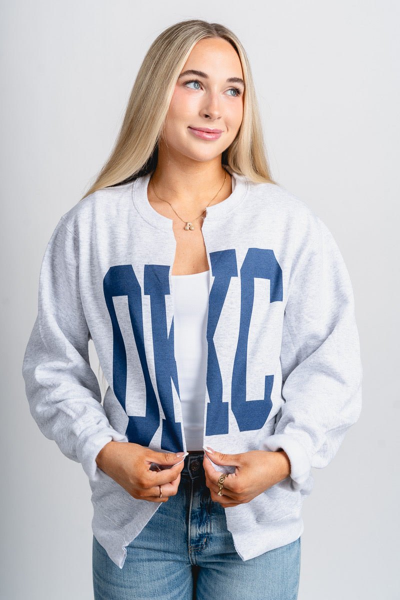 OKC sweatshirt cardigan ash - Trendy OKC Apparel at Lush Fashion Lounge Boutique in Oklahoma City