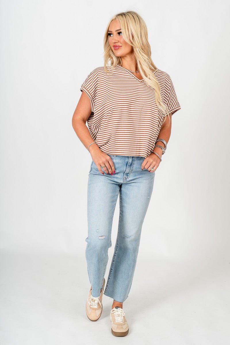 Boxy striped short sleeve top toffee/white