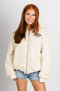 Happy Camper zip up hoodie cream - Cute hoodie - Fun Cozy Basics at Lush Fashion Lounge Boutique in Oklahoma City