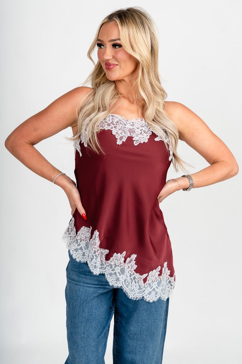 Asymmetrical lace trim tank top burgundy