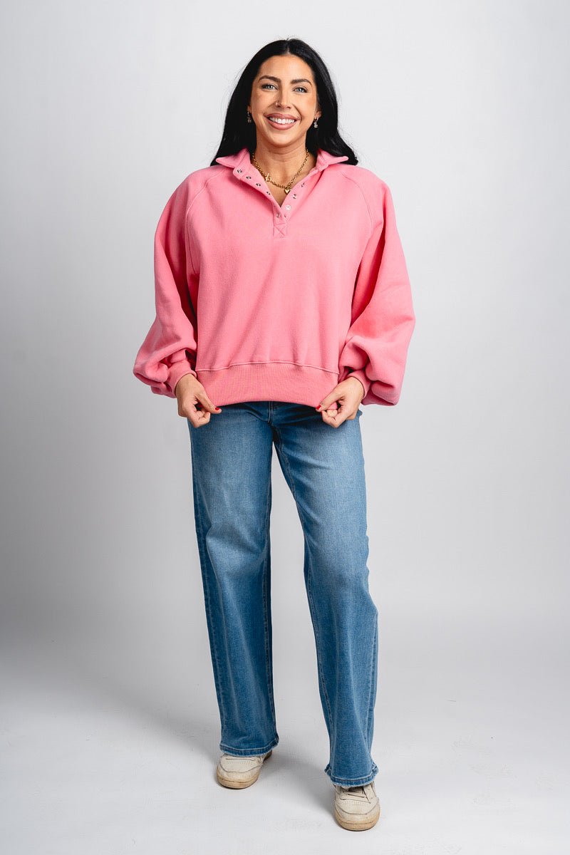 Collared oversized sweatshirt pink - Fun Sweatshirt - Unique Lounge Looks at Lush Fashion Lounge Boutique in Oklahoma