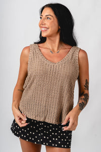 Double v knit tank top dark taupe - Affordable tank top - Boutique Tank Tops at Lush Fashion Lounge Boutique in Oklahoma City