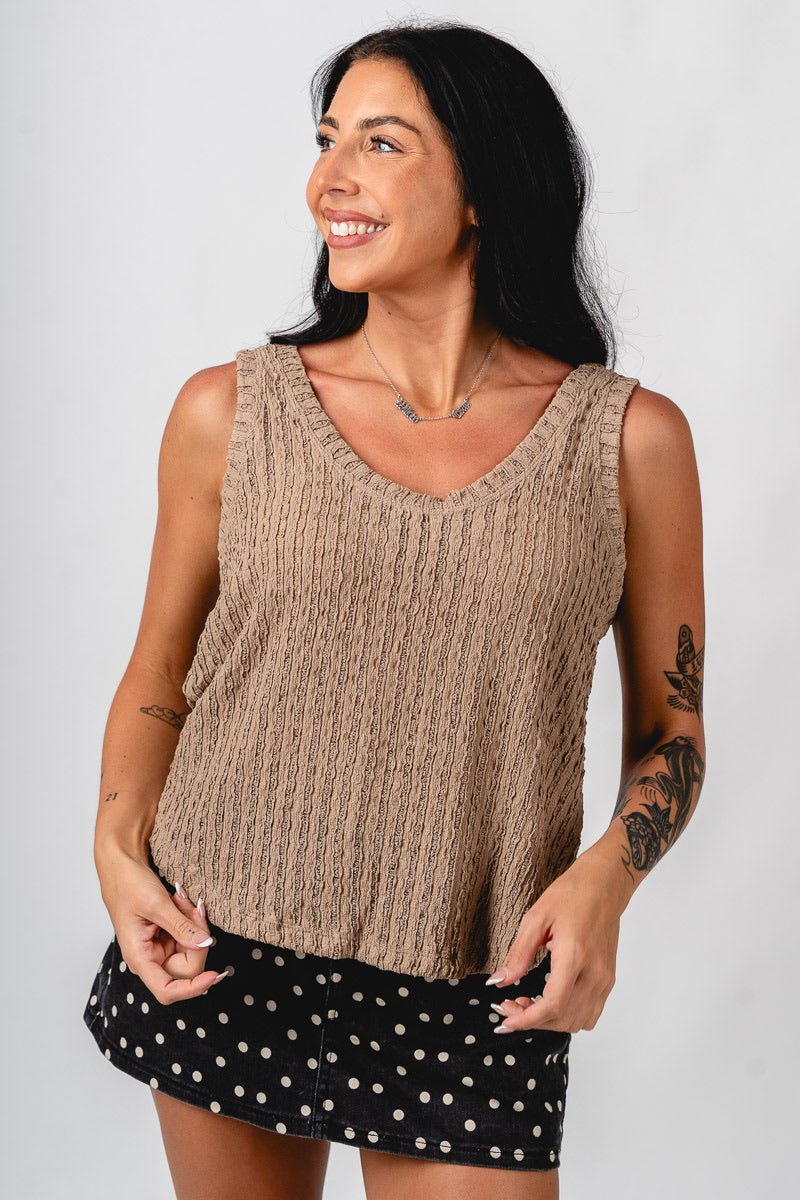 Double v knit tank top dark taupe - Affordable tank top - Boutique Tank Tops at Lush Fashion Lounge Boutique in Oklahoma City