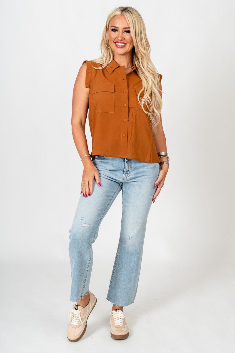 Sleeveless chiffon pocket blouse earthy brown