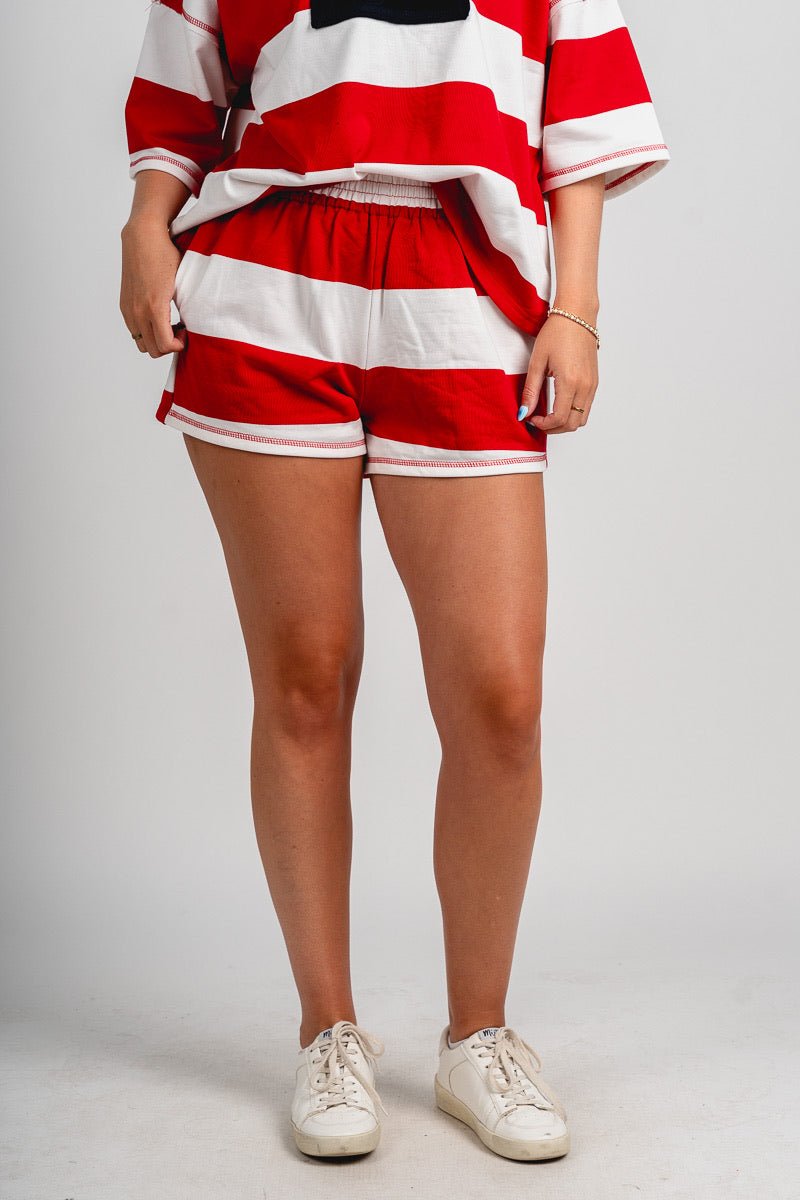 Striped sweat shorts red/white - Cute shorts - Fun American Summer Outfits at Lush Fashion Lounge Boutique in Oklahoma City