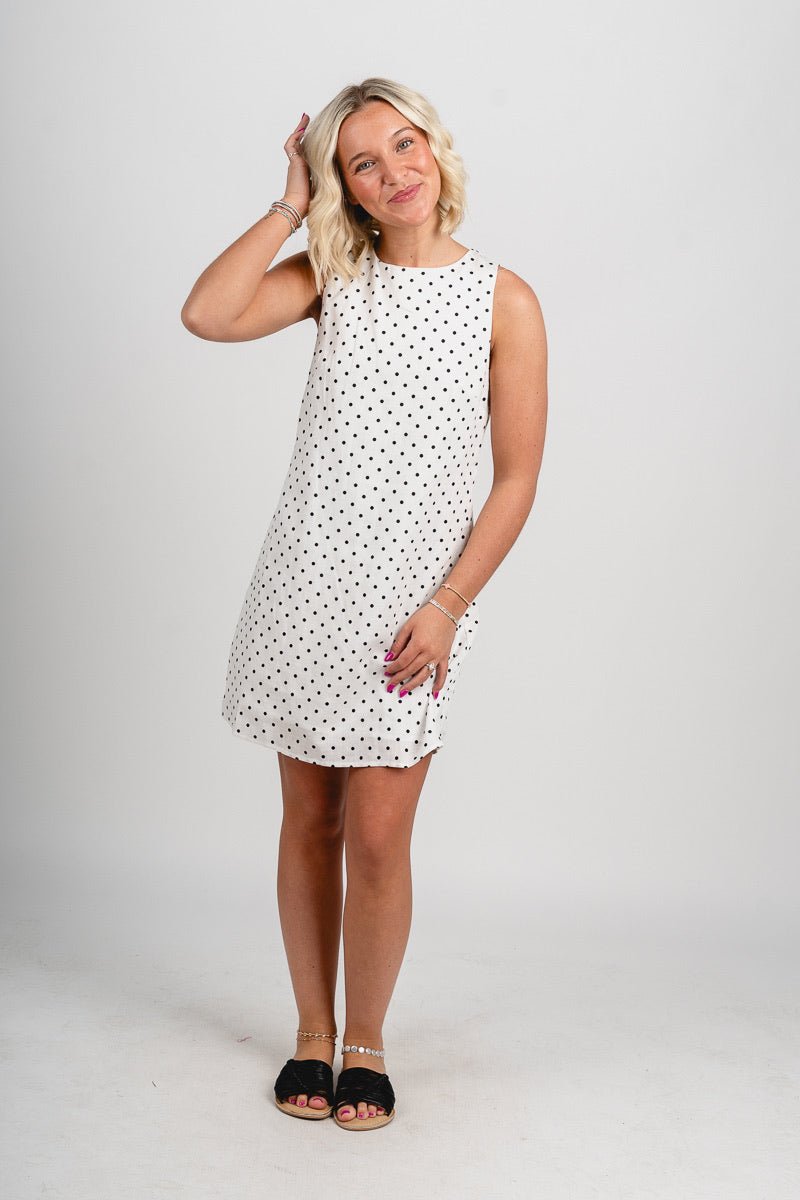 mini white dress with black polka dots Annie Polka Dot Satin Mini Dress