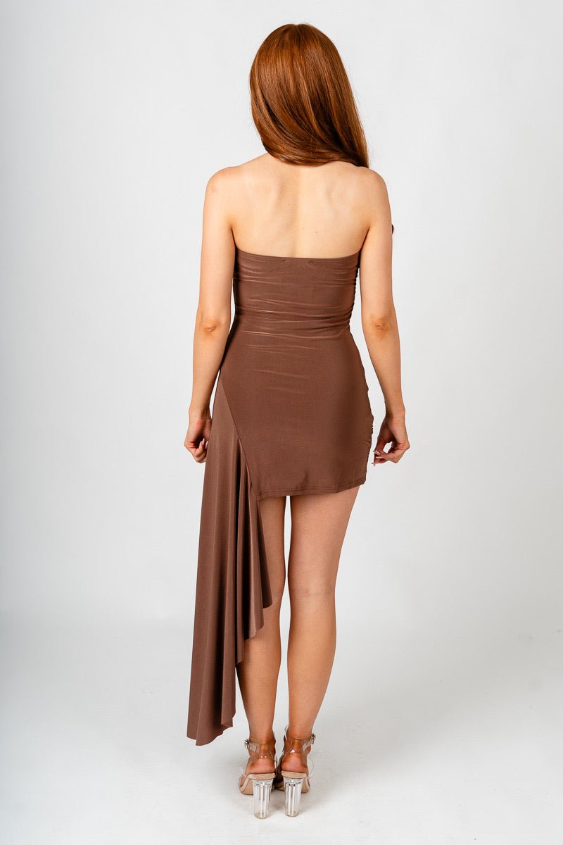 Strapless ruched mini dress toffee