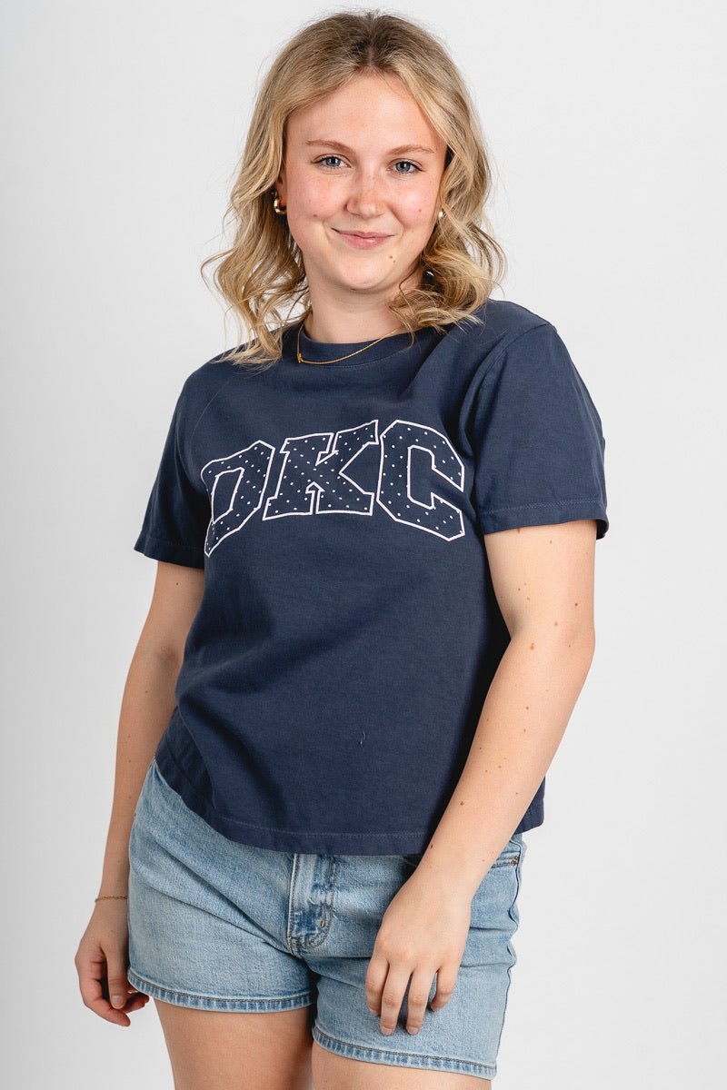 OKC block polka dot Ellie t-shirt navy - Trendy OKC Apparel at Lush Fashion Lounge Boutique in Oklahoma City