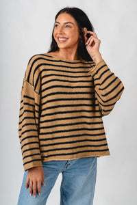 Striped oversized sweater sand/black – Boutique Sweaters | Fashionable Sweaters at Lush Fashion Lounge Boutique in Oklahoma City