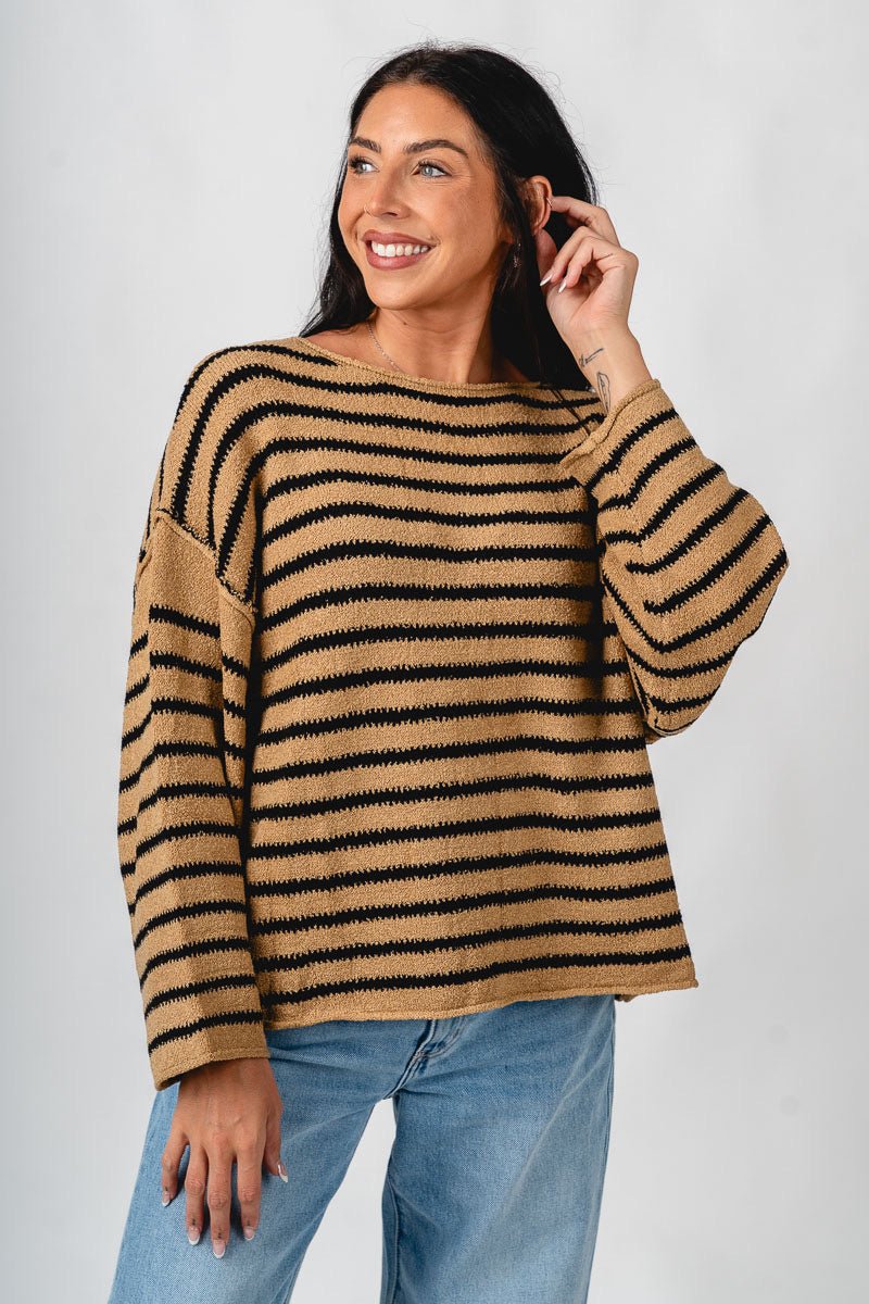Striped oversized sweater sand/black – Boutique Sweaters | Fashionable Sweaters at Lush Fashion Lounge Boutique in Oklahoma City