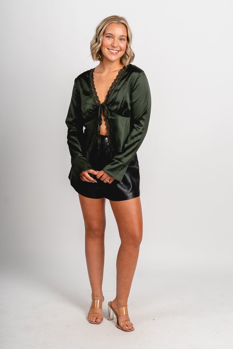 Lace trim satin tie top dark green - Exclusive Collection of Holiday Inspired T-Shirts and Hoodies at Lush Fashion Lounge Boutique in Oklahoma City