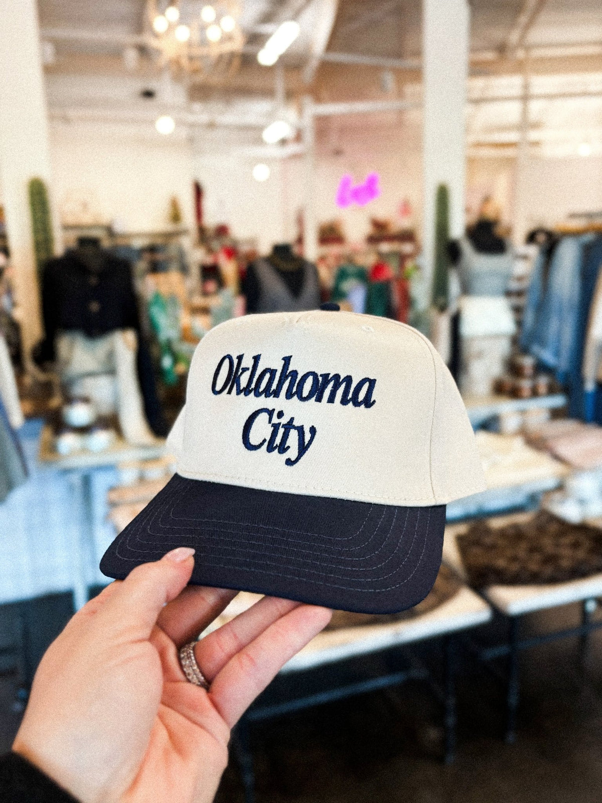 Oklahoma City stacked two tone hat natural/navy - Trendy Hats at Lush Fashion Lounge Boutique in Oklahoma City