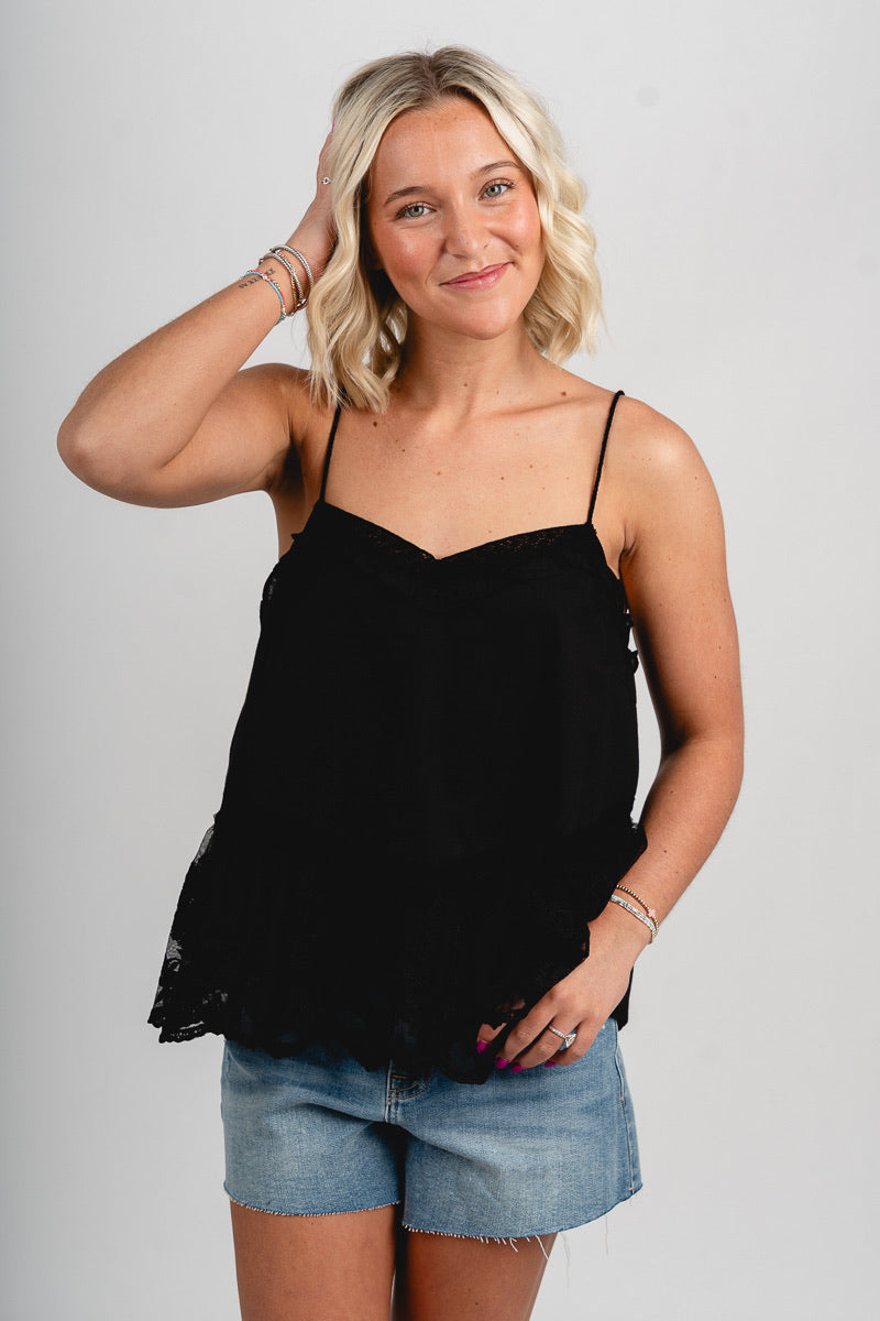 Lace trim flare tank top black - Cute top - Trendy Tank Tops at Lush Fashion Lounge Boutique in Oklahoma City