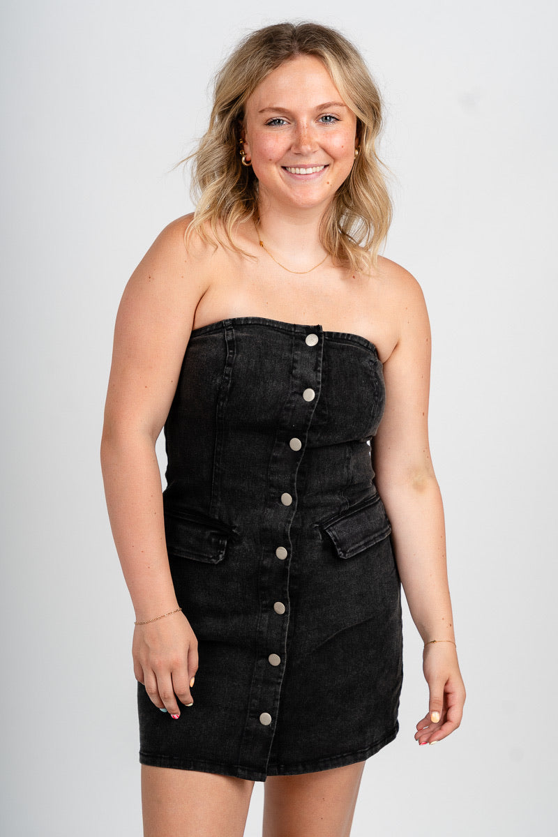 Strapless denim dress black - Affordable dress - Boutique Dresses at Lush Fashion Lounge Boutique in Oklahoma City