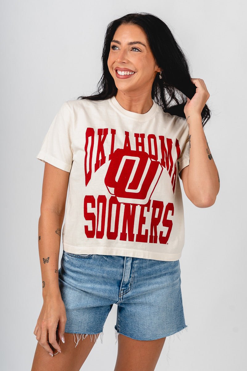 OU OU Sooners logo center crop t-shirt natural t-shirt | Lush Fashion Lounge Trendy Oklahoma University Sooners Apparel & Cute Gameday T-Shirts