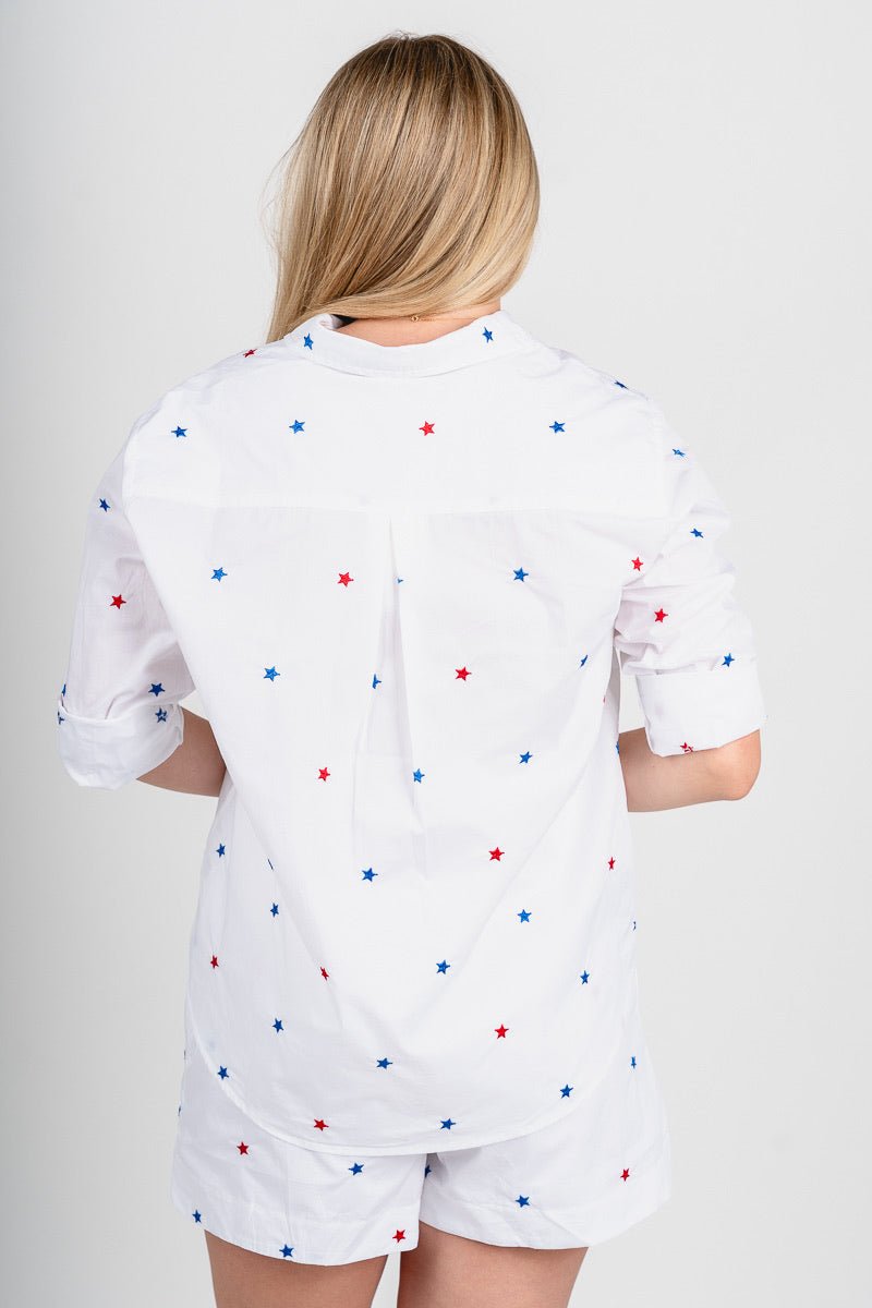 Star embroidered button up top white