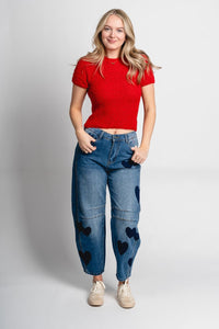 Short sleeve fuzzy sweater red - Cute Valentine's Day Outfits at Lush Fashion Lounge Boutique in Oklahoma City