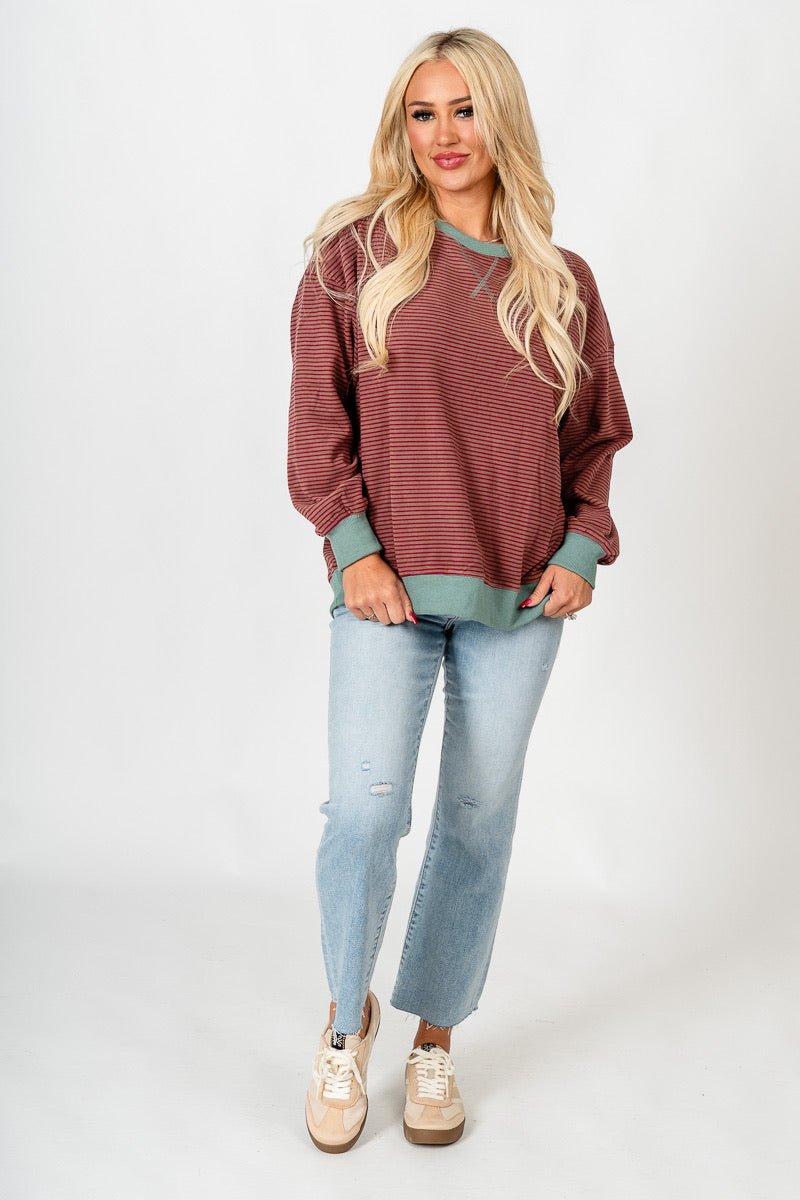 Crew neck striped sweatshirt taupe/red