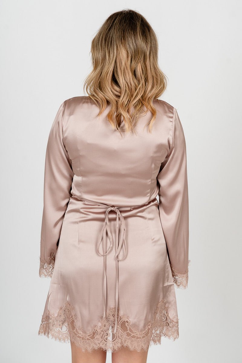 Bell sleeve lace trim dress oyster