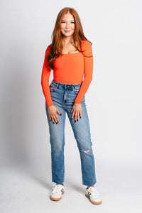 Square neck long sleeve bodysuit orange - Trendy OKC Thunder T-Shirts at Lush Fashion Lounge Boutique in Oklahoma City