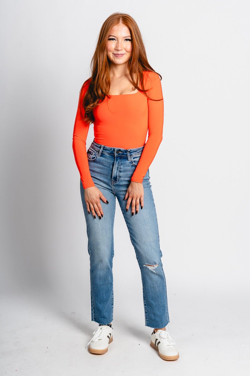 Square neck long sleeve bodysuit orange - Trendy OKC Thunder T-Shirts at Lush Fashion Lounge Boutique in Oklahoma City