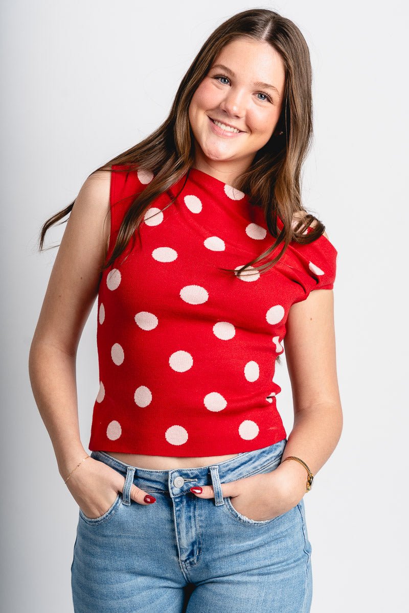 Asymmetrical polka dot sleeveless sweater red/pink - Trendy T-Shirts for Valentine's Day at Lush Fashion Lounge Boutique in Oklahoma City