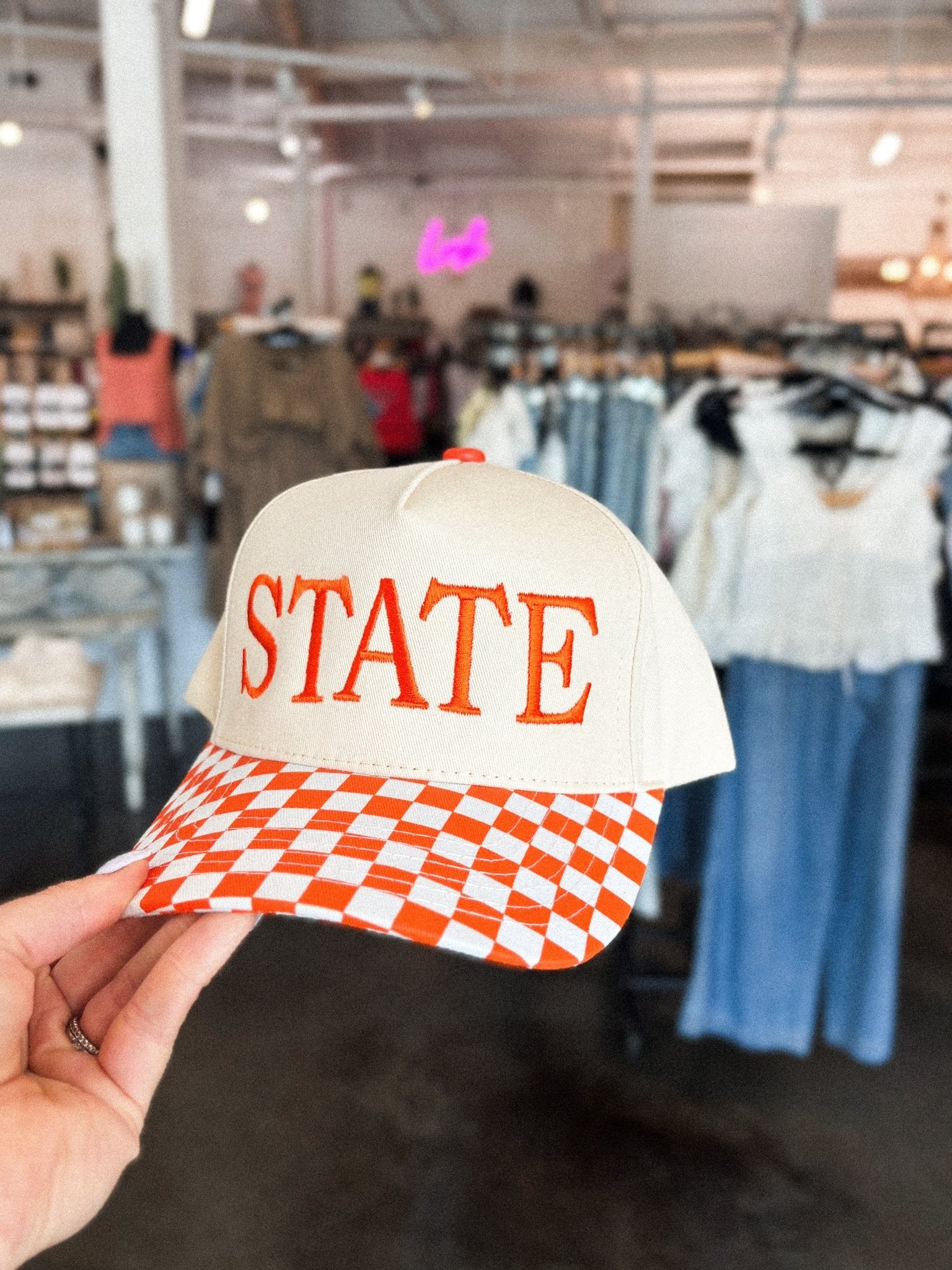 STATE checkered hat natural/orange - Trendy Gifts at Lush Fashion Lounge Boutique in Oklahoma City